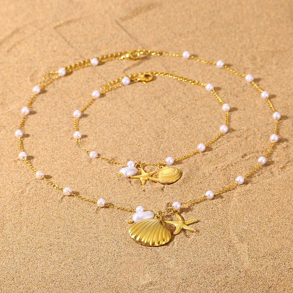 Freshwater Pearl Jewelry Set Shell Starfish Star Necklace Anklet Sets For Women Fashion Stainless Steel Chain Party Daily Gifts