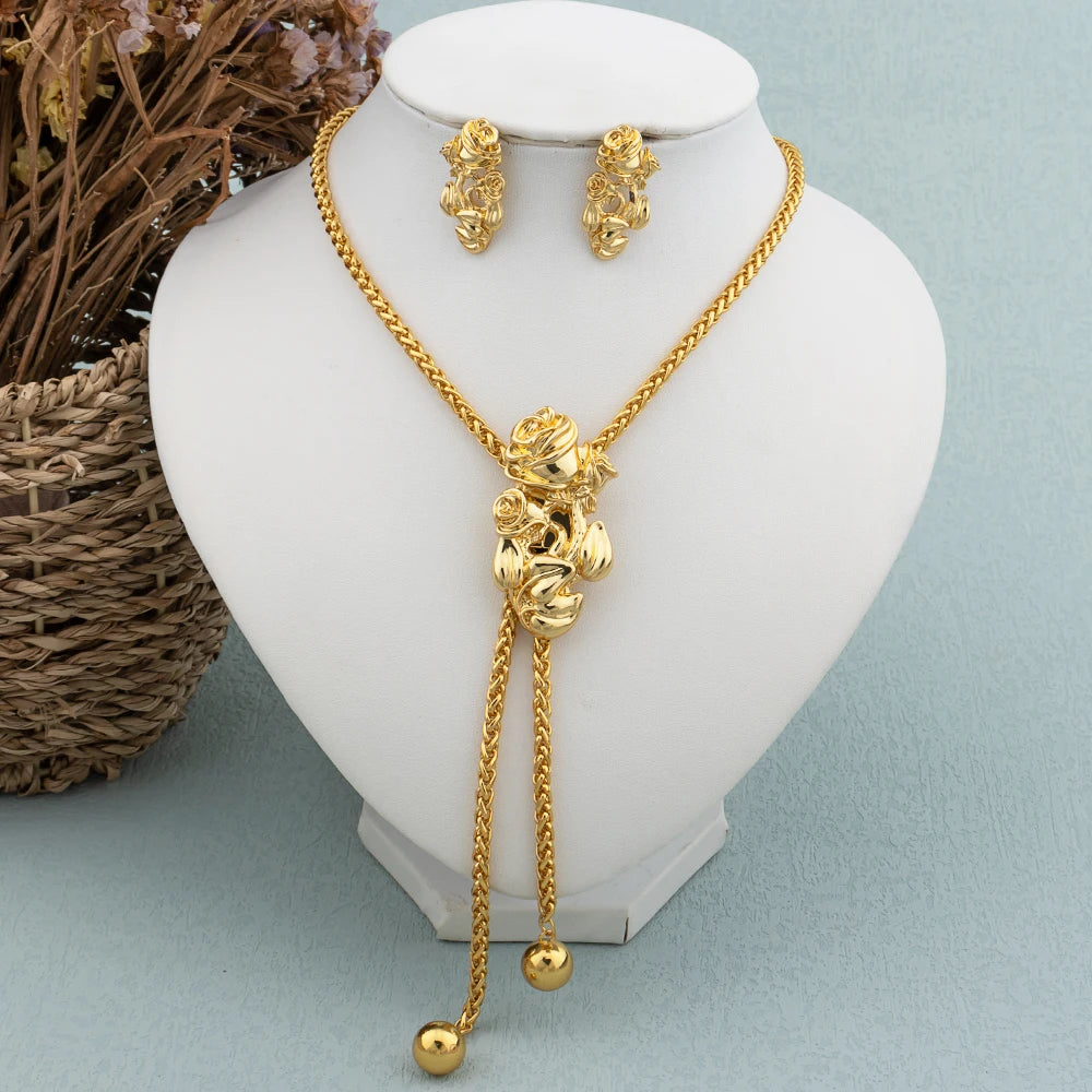 Neues Mode-Schmuckset vergoldet Anhänger Dubai Italien Halskette Tropfenohrringe für Frauen Verstellbare Kette Party Böhmen Schmuck