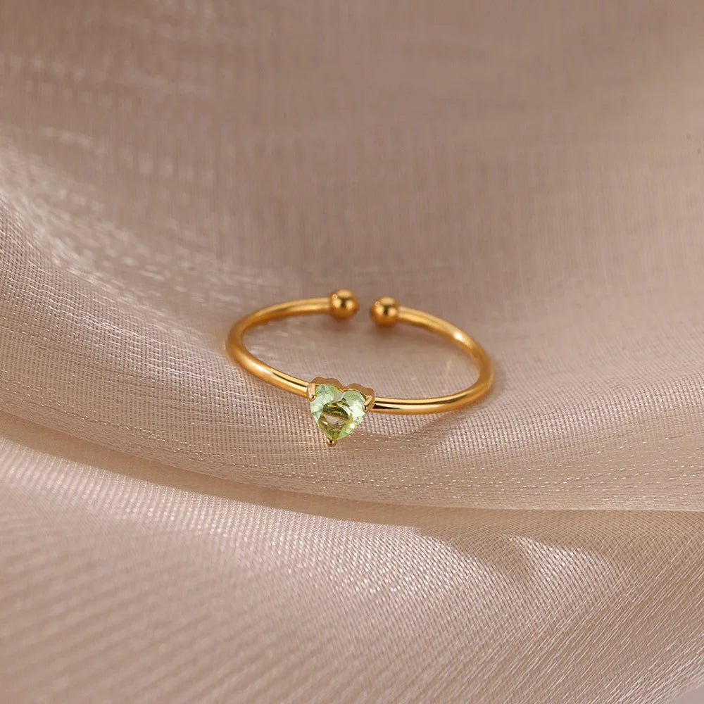 Edelstahl Geburtsstein Offene Ringe für Frauen Mode 12-farbiger Kristall Zirkon Herz Ring Geburtstag Ästhetischer Schmuck Geschenk