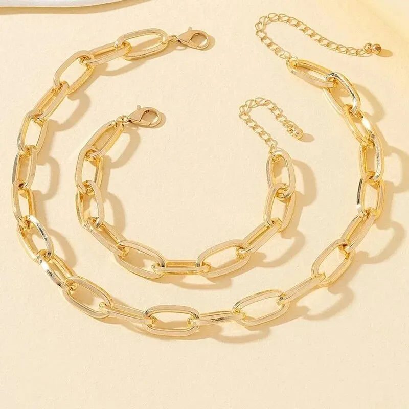 2-teiliges Set Goldfarbene Gliederkette Halskette Armband Set Punk Armband Große Gliederkette Dubai Afrika Party Schmuckset Geschenk für Frauen