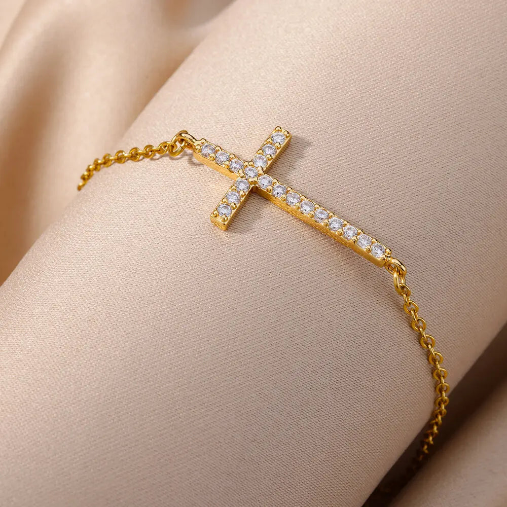 Kristall-Kreuzarmbänder für Frauen, modisch, vergoldet, Edelstahl-Kreuzarmband, Vintage, religiöser, ästhetischer Schmuck, Geschenk