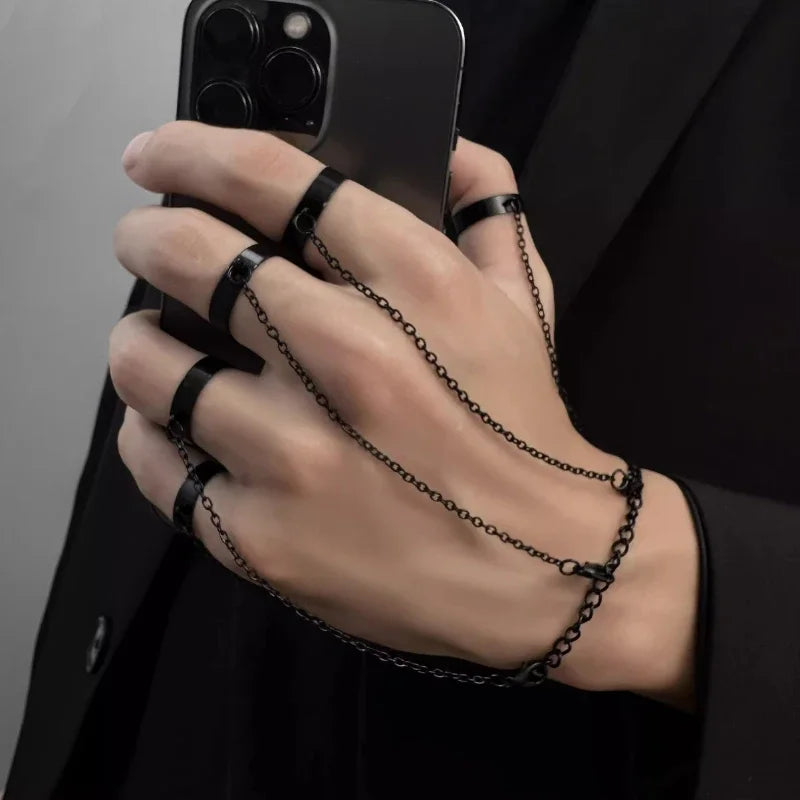 Punk Geometrische Schwarze Farbe Kette Armband Ring Für Frauen Männer Offener Ring Silber Gliederkette Mädchen Cooles Design Modeschmuck