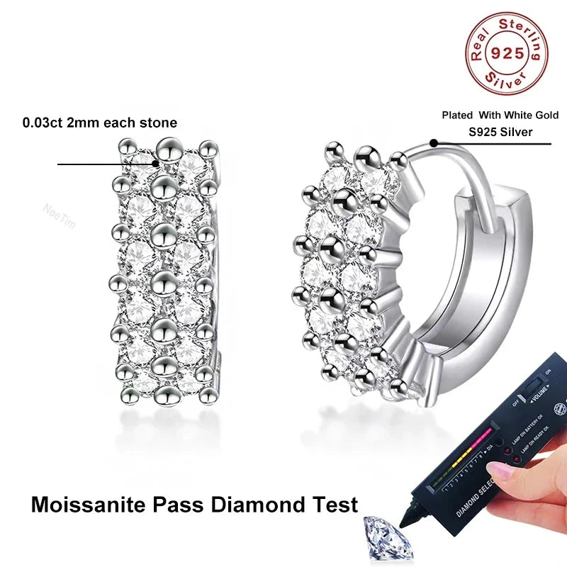 NeeTim 2mm Voll-Moissanit-Ohrringe Damen Luxusqualität Party S925 Sterlingsilber mit Weißgoldbeschichtung Creolen Hochzeits-Ohrring
