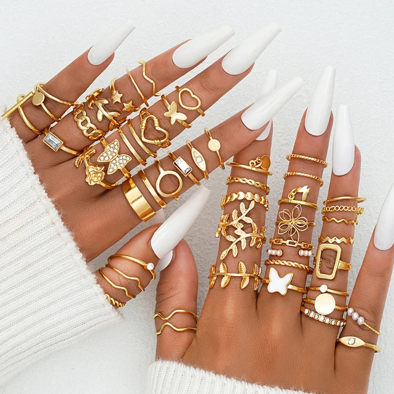 47 Teile/Set Vintage Goldfarbe Herzringe Set Für Damen Herren Hohl Schmetterling Perle Kristall Geometrische Ringe Trendiger Fingerschmuck