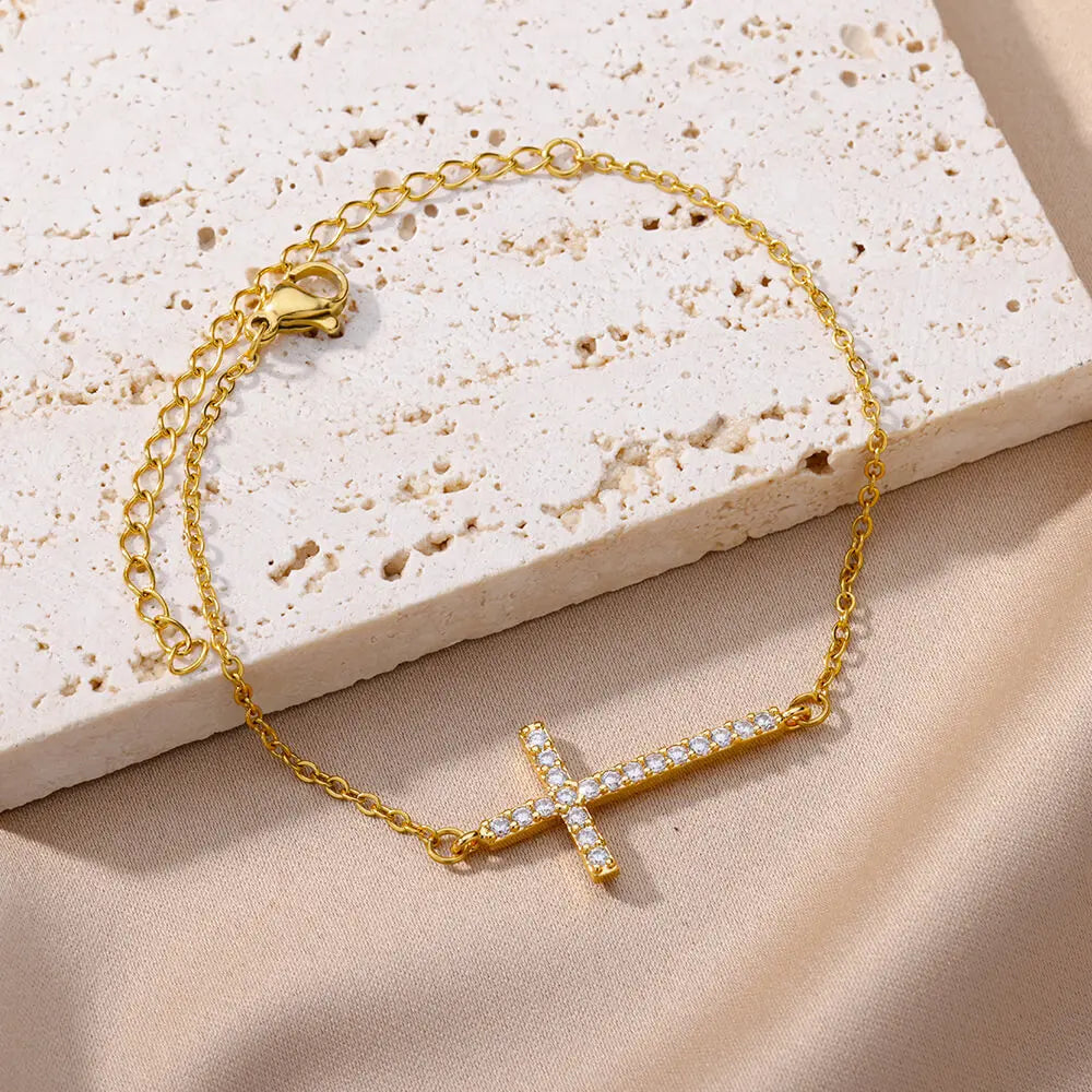 Kristall-Kreuzarmbänder für Frauen, modisch, vergoldet, Edelstahl-Kreuzarmband, Vintage, religiöser, ästhetischer Schmuck, Geschenk