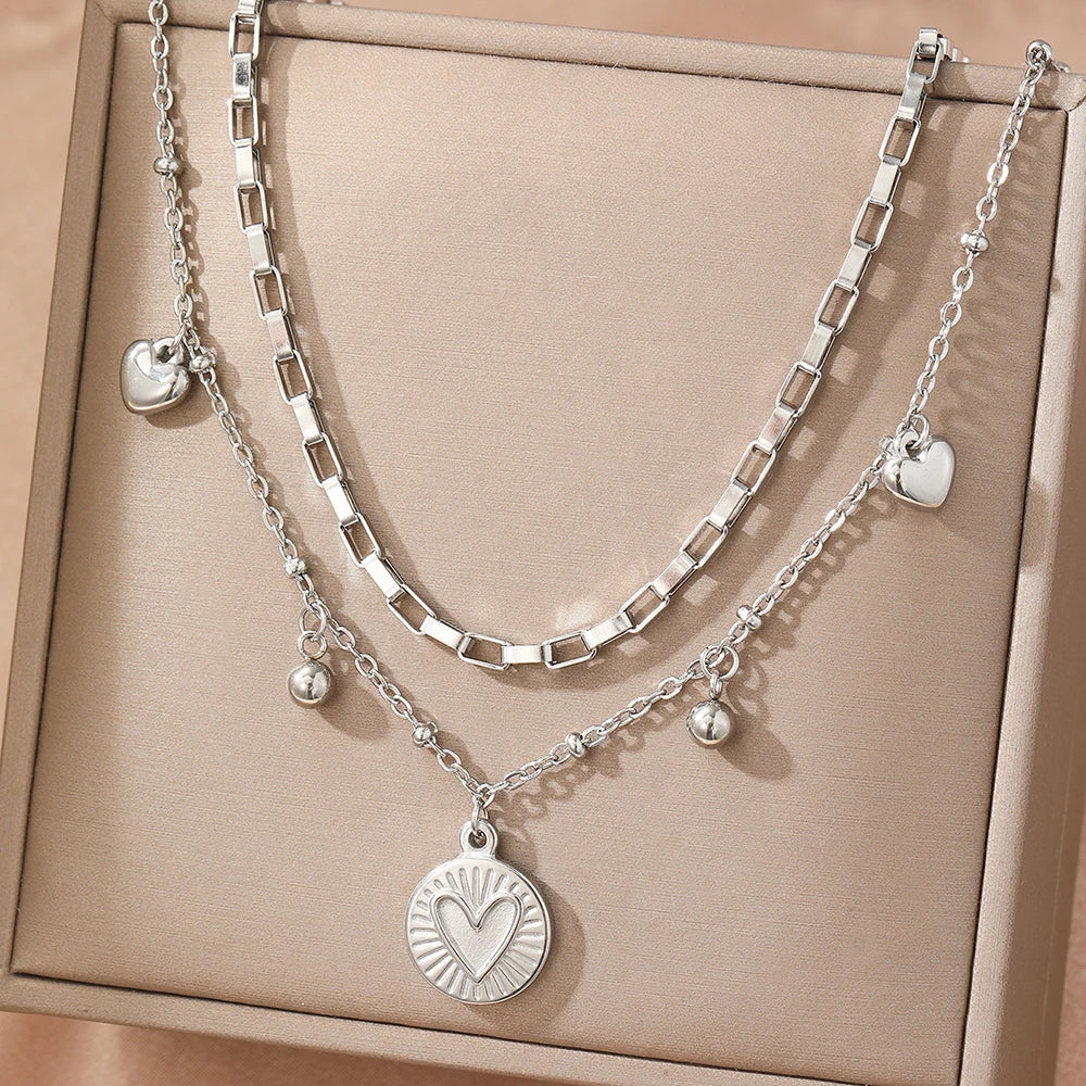 woiwoi Stainless Steel Necklace Luxury Exquisite Peach Heart Double Layer Bone Chain Ladies Jewelry Birthday Anniversary Gift