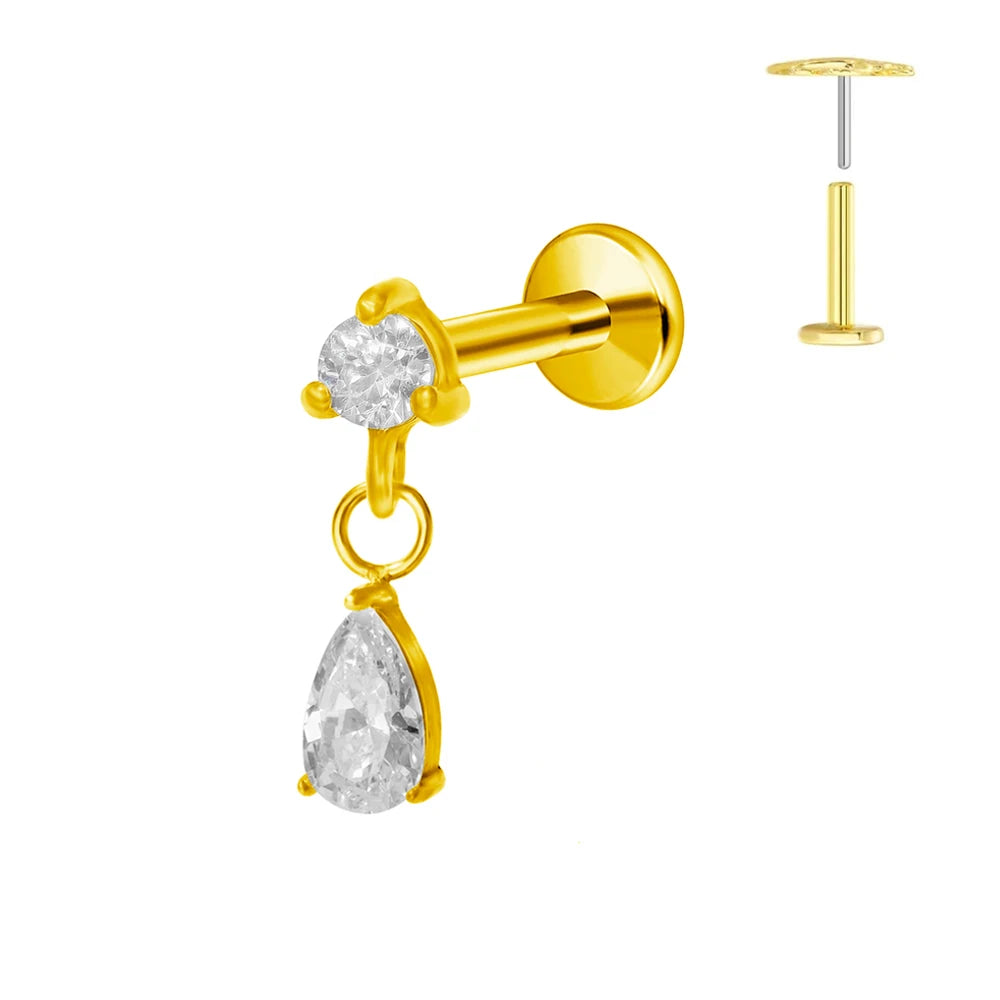Pendiente de cartílago sin rosca con colgante de luna y estrella de titanio G23 para piercing labret con cono puntiagudo