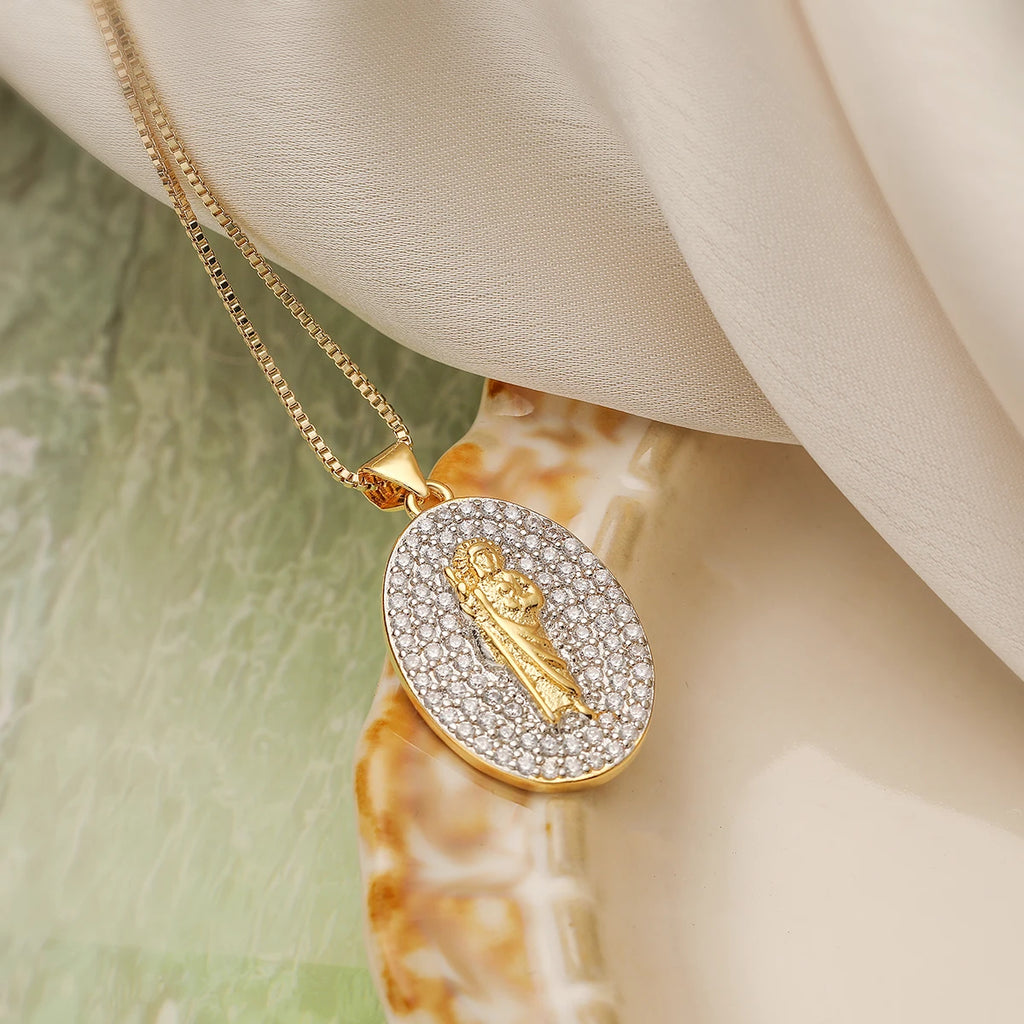 NEWBUY 2025 New Trendy Silver/Gold Mix Color Shiny AAA CZ Inlay Virgin Mary & Priest Pendant Necklaces