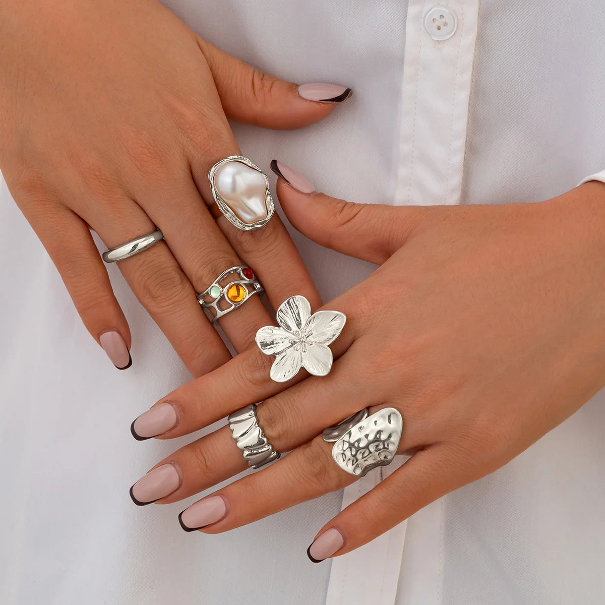 6tlg/Set Vintage Metall Blumen Ring Set für Damen Punk Elegant Barock Imitationsperlen Knöchelringe Alltag Party Urlaubsgeschenke