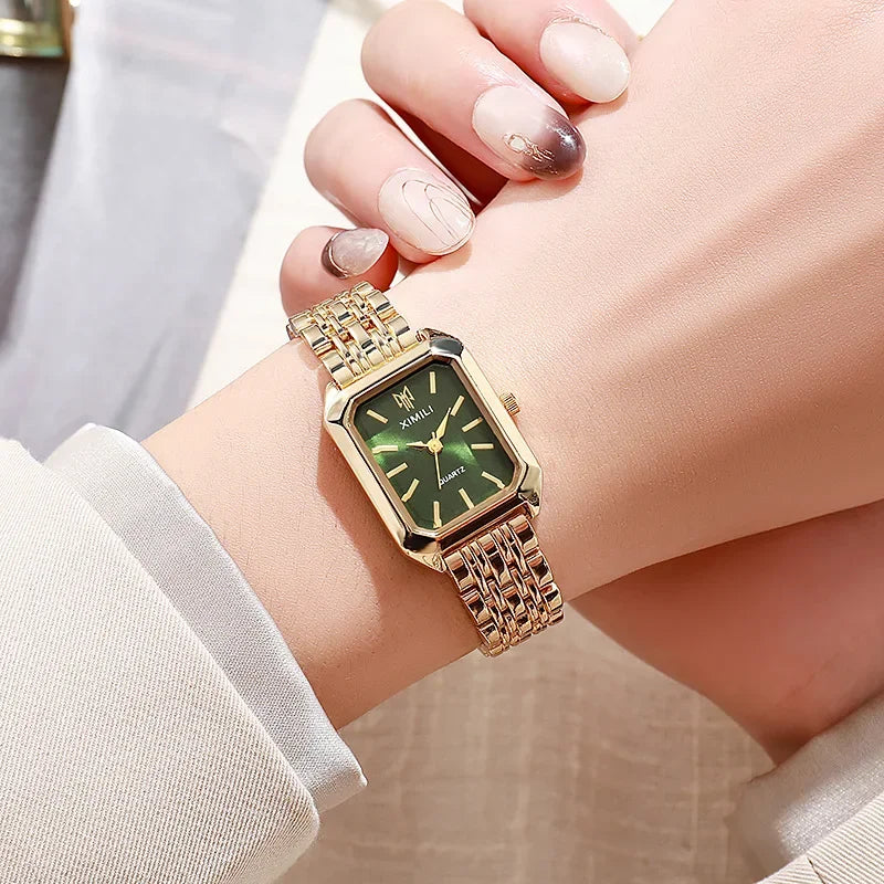 2025 Marca de moda de acero inoxidable correa de reloj para mujer, reloj de pulsera de cuarzo de lujo, reloj de cuarzo cuadrado simple para estudiantes