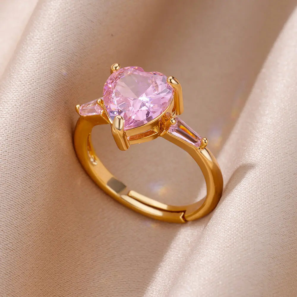 Rosafarbene Zirkon-Herzringe für Damen Vergoldeter Edelstahl Verstellbarer Herzring 2023 Trend Hochzeits-Ästhetik Schmuck Geschenk
