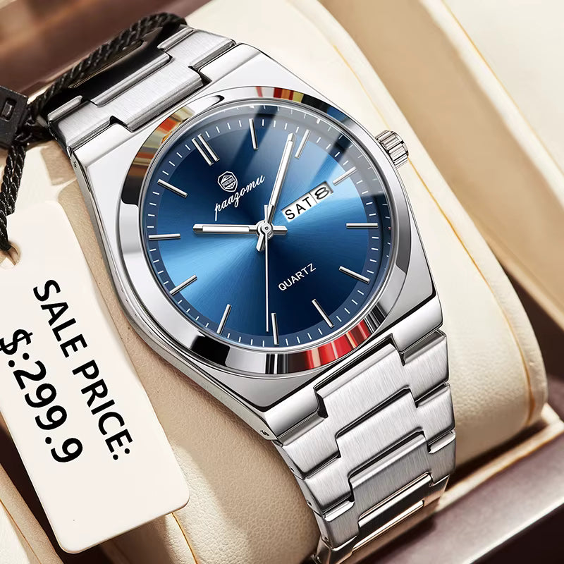 PAAZOMU Reloj de pulsera deportivo de lujo de cuarzo para hombre, impermeable, luminoso, con fecha, semana, para hombre, de acero inoxidable, reloj para hombre, Reloj+caja