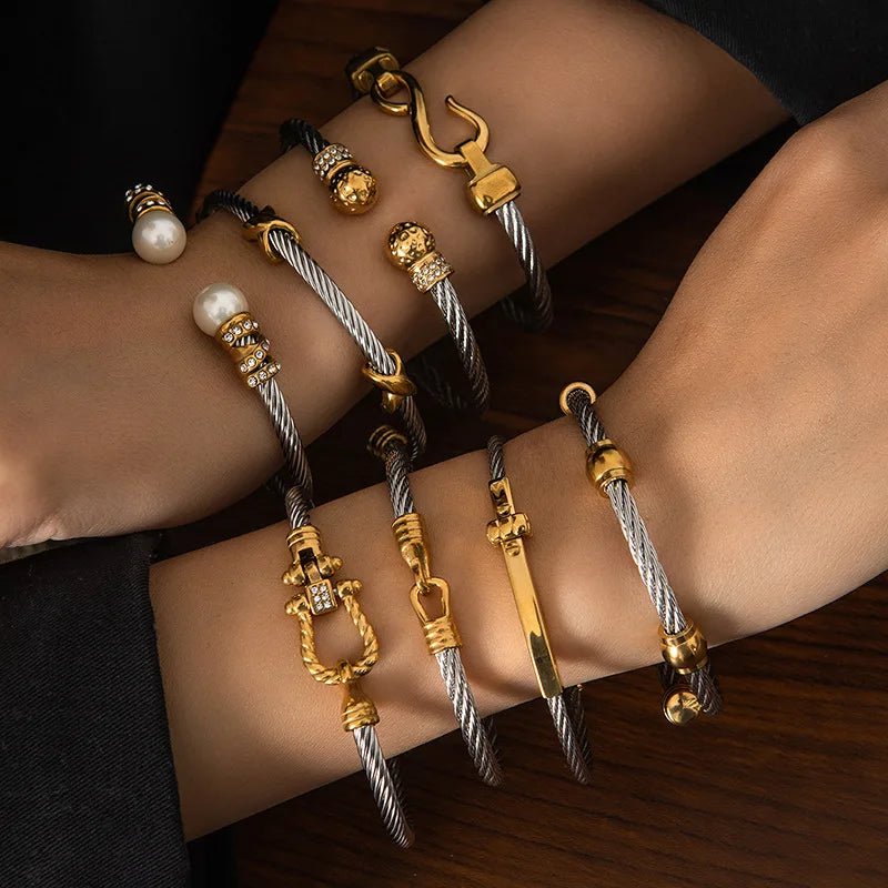 1x Edelstahl vergoldet Armreif Trendiger Retro Hip-Hop Stil Armband Fried Dough Twists Stahldrahtseil Farbfester Armreif