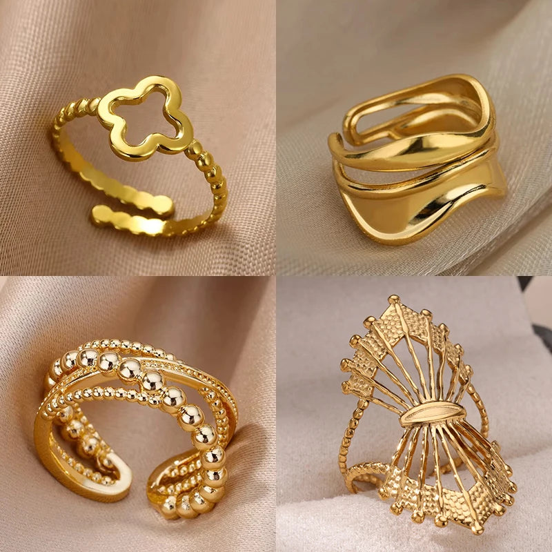 Minimalistische vierblättrige Kleeblatt-Edelstahl-Offene Ringe für Frauen Goldfarbene ästhetische Hochzeit Paar Ring Schmuck Accessoires
