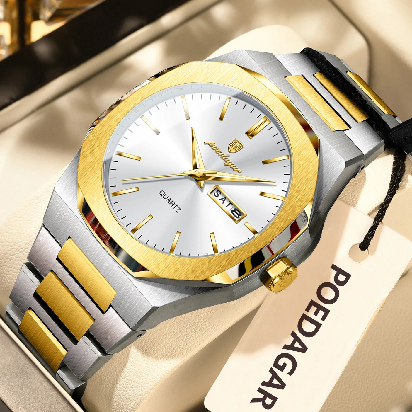 Reloj de hombre de marca de moda POEDAGAR, impermeable, luminoso, de acero inoxidable, para hombres, fecha, semana, informal, de cuarzo, Reloj de hombre