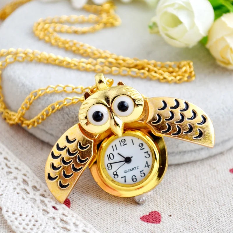 Fashion Vintage Men Women Alloy Retro Owl Shape Clock Pendant Long Necklace Chain Watches Birthday Gifts