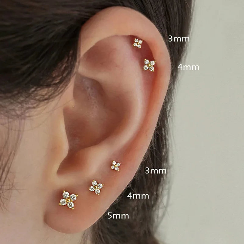 Yupsk Dainty Flower Stainless Steel Butterfly Stud Earrings for Women Cartilage Ear Ring Cute Zircon Gold Color Clover Jewelry