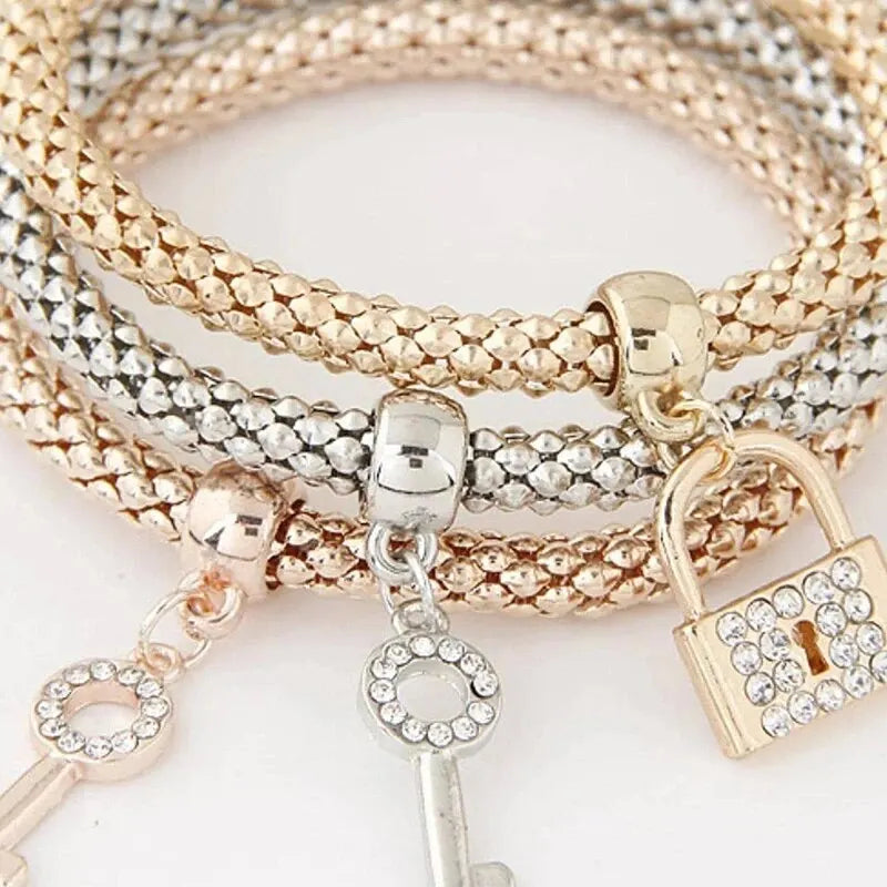 3er-Set Herz-Schloss-Schlüssel Musikzeichen Charme Armband Eule Roségold Beschichtung Silberfarbe Kette Eule Charm Armreif Schmuckset