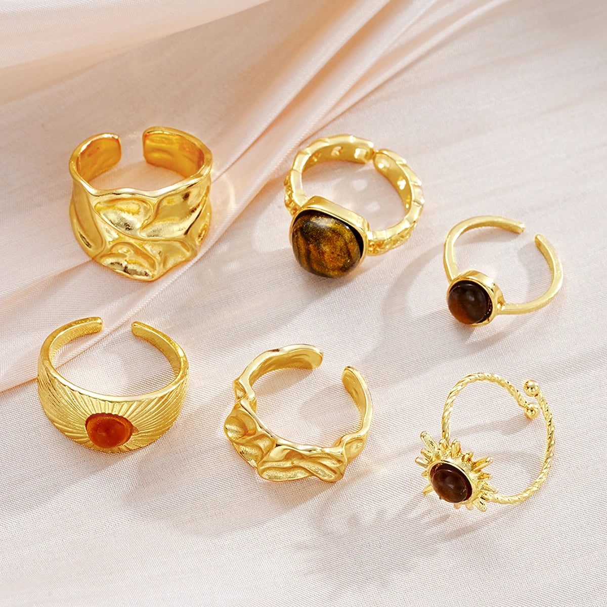6 Stück Sonnenblumen-Tigerauge-Steinring-Set für Damen, Vintage unregelmäßige goldfarbene ästhetische offene Ringe, Mode-Party-Schmuckgeschenke