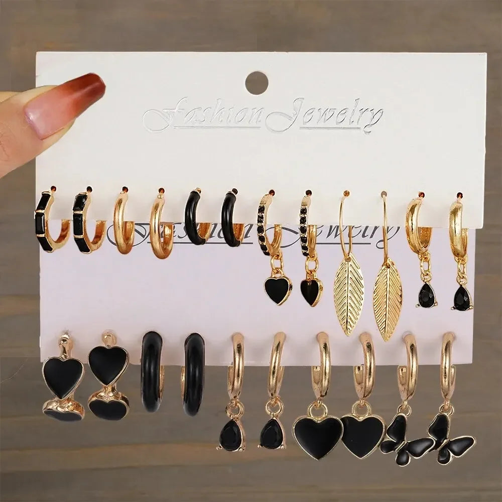 Einfaches 11-teiliges Set schwarze Herz-Blatt-Schmetterlings-Ohrringe für Damen, Mode, Temperament, Creolen, Urlaub, Hochzeit, Schmuckgeschenk