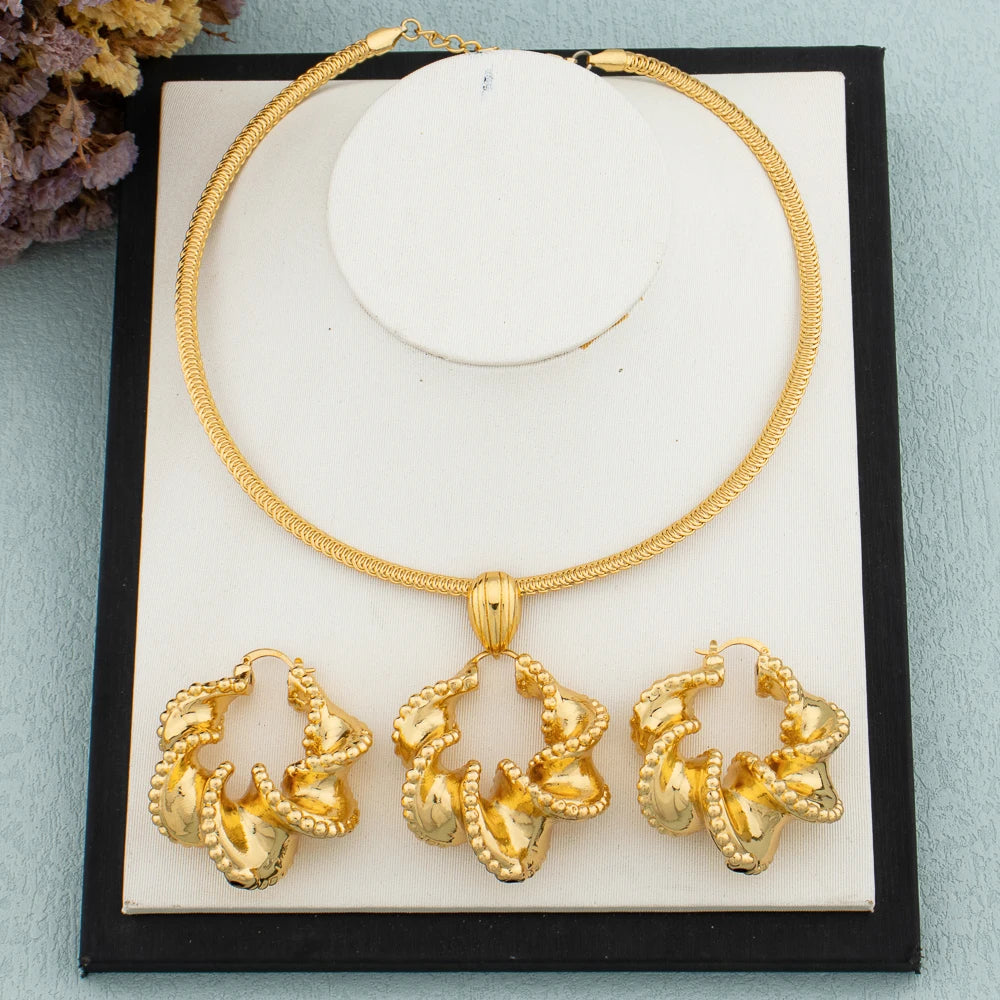 Afrikanischer Schmuckset 18K vergoldet Damen Groß Auffälliges Design Ohrringe Anhänger Hochzeit Braut Modeschmuck Halskette Armband Ring Geschenk