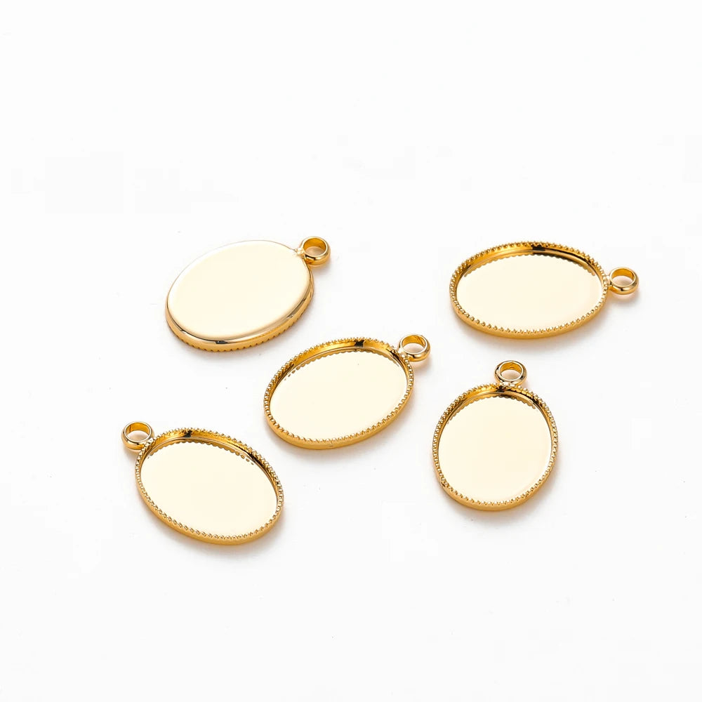 10 unidades/lote cabujón chapado en oro de 14K y 18K con orificio base de colgante, bandeja en blanco, bisel, joyería colgante hecha a mano, hallazgos para hacer bricolaje