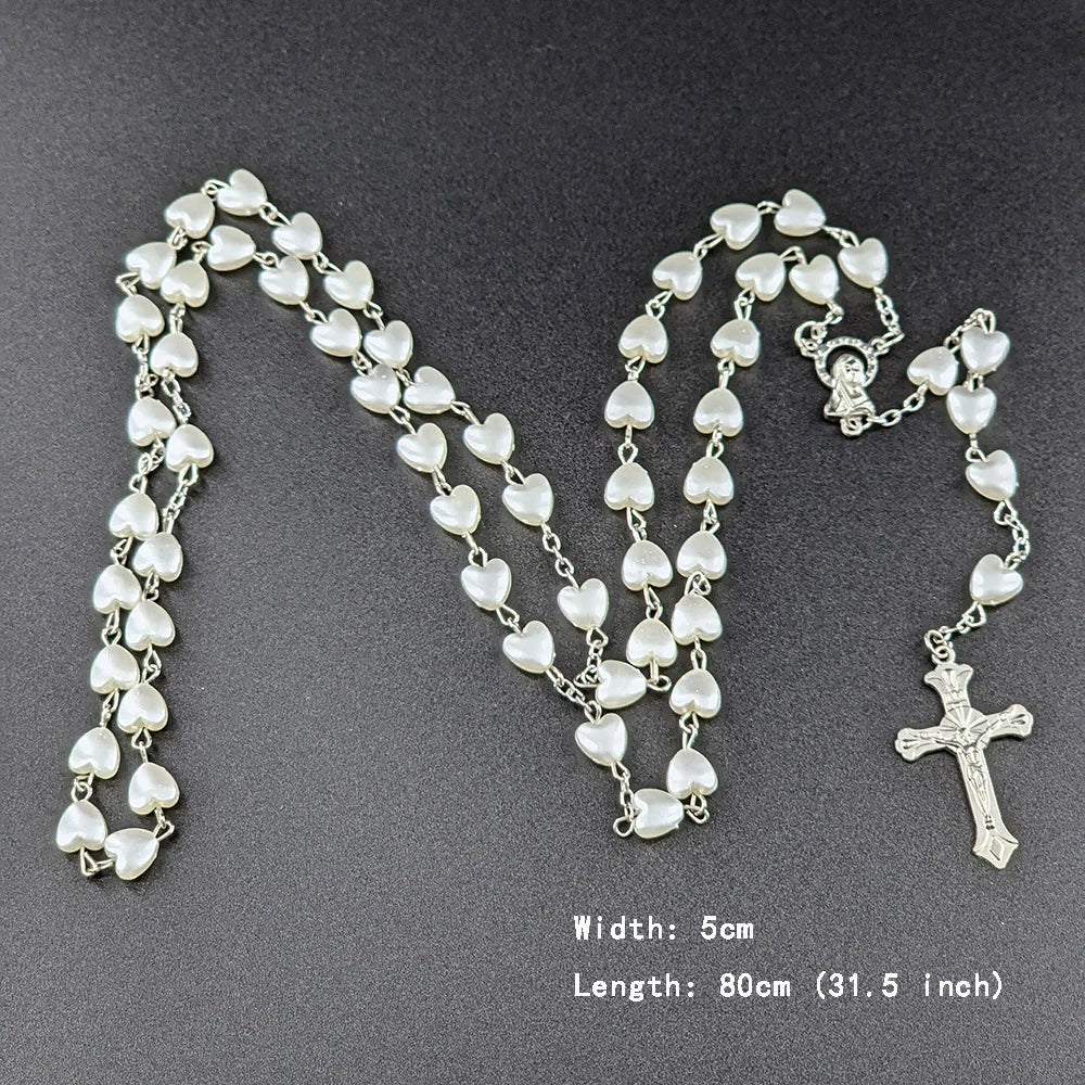 Rosenkranz-Halskette für Frauen, Kreuz INRI, Jungfrau Maria Anhänger, rosa Herz-Kette, weiblicher Religions-Gebets-Party-Schmuck