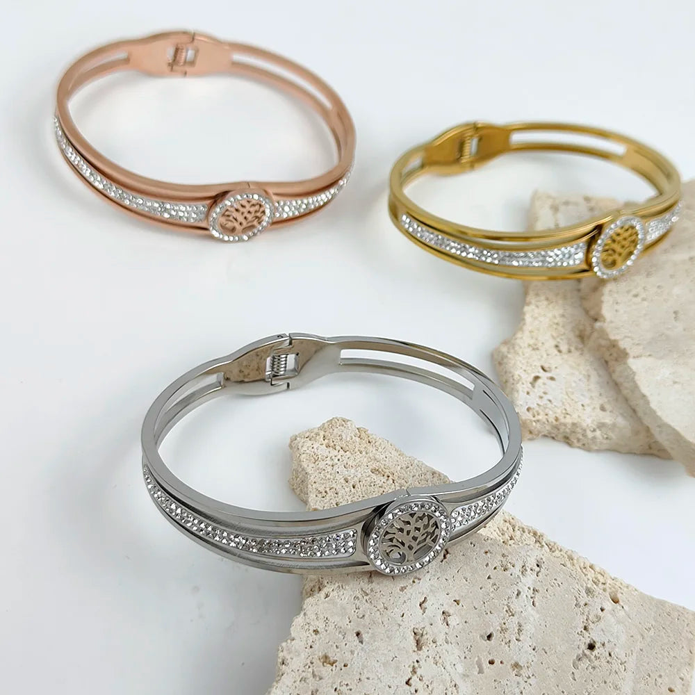 Luxus-Edelstahl-Lebensbaum-Armreif für Frauen und Männer, Kristall-Zirkon-Armband, Silber-Gold-Farbe, Handgelenkschmuck-Accessoires