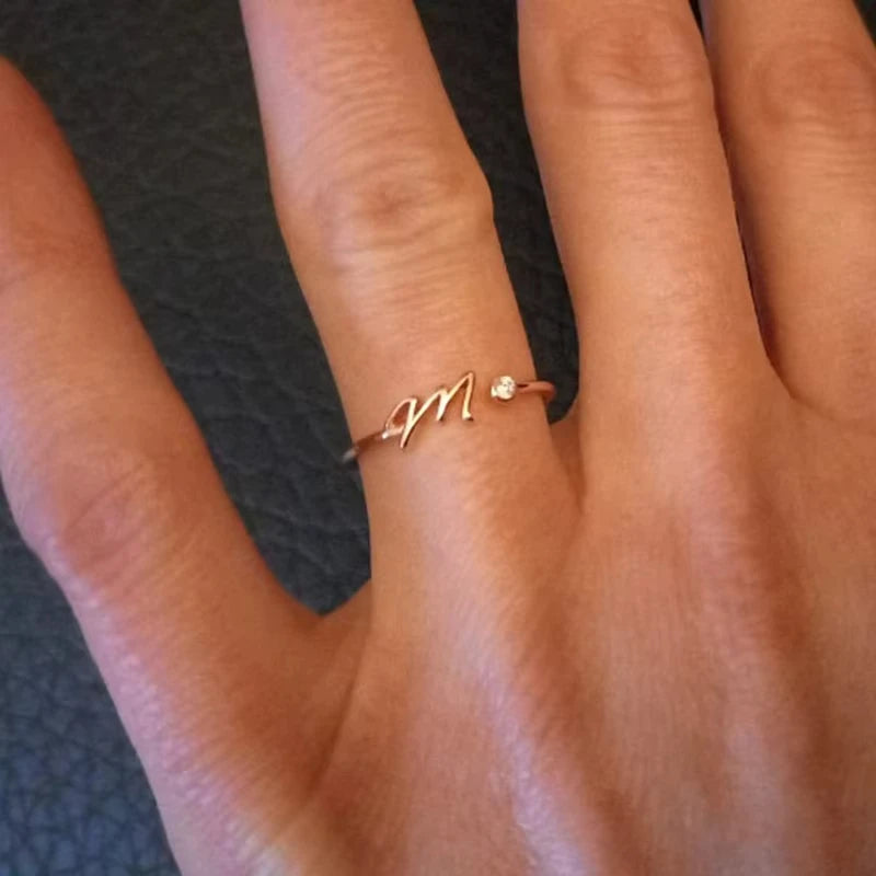 Zircon Initial Letter Ring for Women Stainless Steel Gold Color Alphabet Open Ring Trendy Wedding Birthday Aesthetic Jewelry