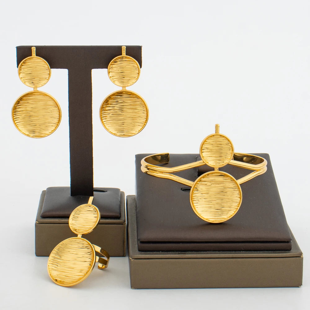 Afrikanischer Goldschmuck-Set für Damen, Ohrringe und Armreif-Ring, 3-teiliges Set, Hochzeiten, Brautschmuck-Geschenke für den täglichen Gebrauch