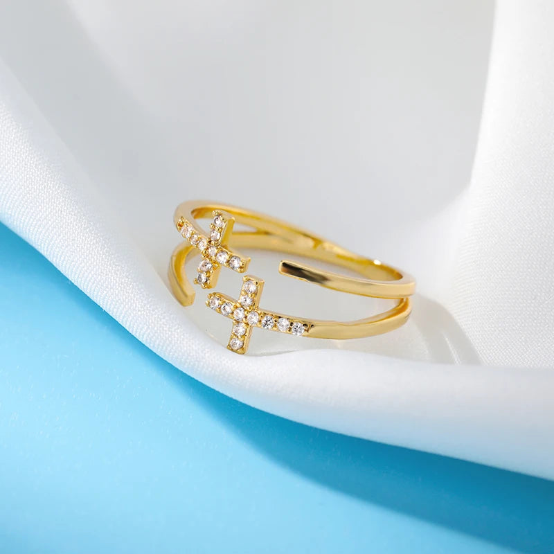Zirkon-Doppelkreuzringe für Damen, Edelstahl, goldfarben, glänzender Öffnungsring, neues luxuriöses Mode-Hochzeits-Schmuckgeschenk, Bague