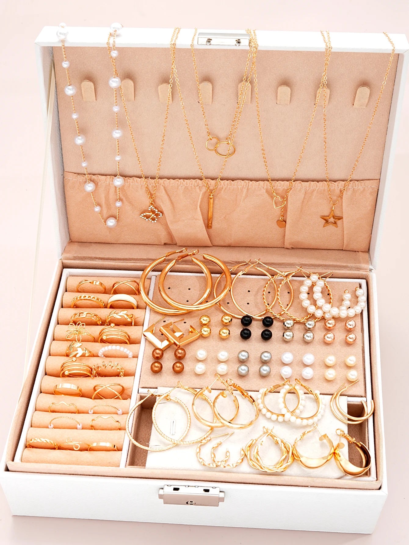 86-teiliges Set elegante Perlenohrringe, mehrlagige Halskette, Ohrstecker, Ringe, 4-in-1-Schmuckset für Damen, tägliches Tragen, Geschenk (keine Box)