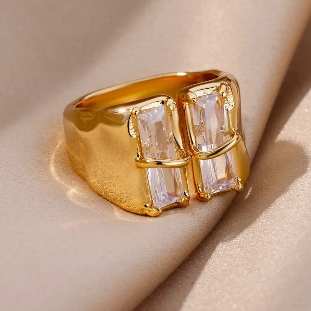 Unregelmäßiger quadratischer Zirkonring für Frauen, Edelstahl, vergoldet, offener Ring, Hochzeitsfeier, Mode-Schmuckgeschenk, kostenloser Versand