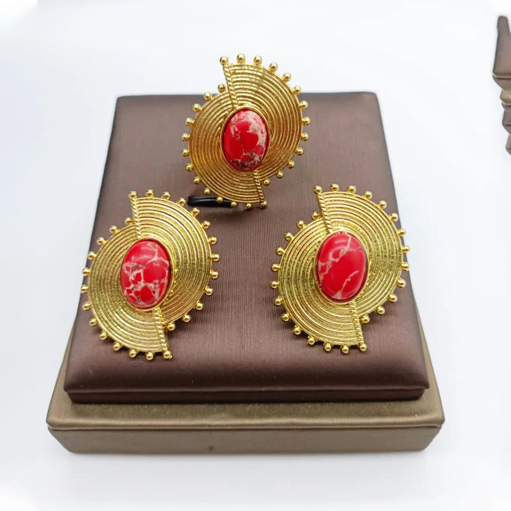 Afrikanisches Schmuckset für Damen Spiralform Neue Mode Lila Stein Ohrringe Fingerring Dubai Indischer Luxus Goldschmuck