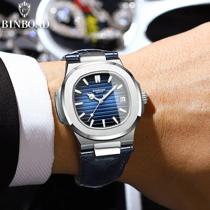Reloj informal de negocios de cuero azul para hombre, reloj de lujo automático para hombre, relojes de moda para hombre, relojes de cuarzo de pulsera, Montre Homme 2026