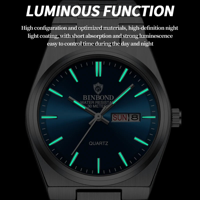 BINBOND Lujoso Reloj de Moda para Hombre, Reloj de Negocios de Alta Gama, Impermeable, Luminoso, con Fecha y Semana, Reloj de Cuarzo de Acero Inoxidable para Hombre