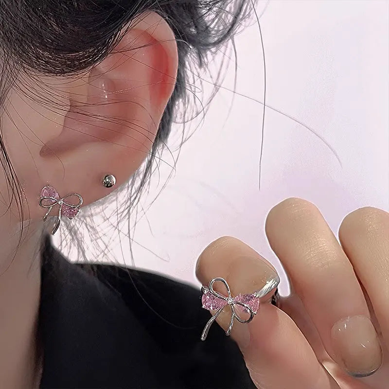 925er Sterling Silber Schleife Rosa Zirkon Ohrstecker für Damen Hochzeit Luxus Schmuck Großhandel 2024 Trend Schmuck 925 Geld