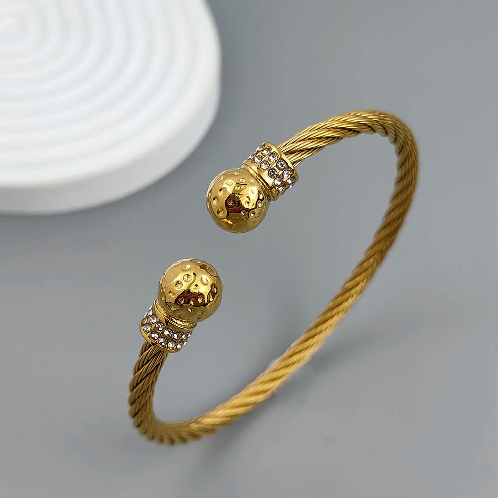 Gedrehtes Doppelkugel Zirkonia Edelstahl vergoldet 18K Armband, hochwertige wasserdichte Silber Schmuck, Paargeschenk