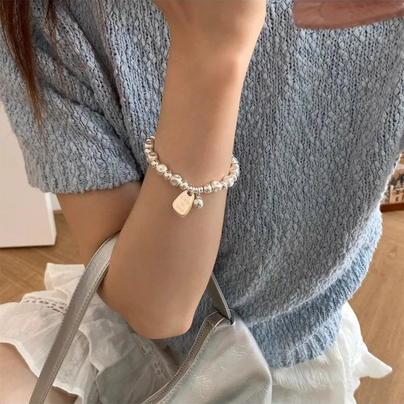 Armband aus 925er Sterlingsilber, mattiert, geometrisch, für Damen, Buchstabenperlen, Frosted-Friedens-Schmuckgeschenke