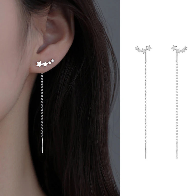 JWER S925 Silver Needle Star Line Earring for Women Tassel Drop Earring Long Chain Beads Piercing Earring Asymmetry Ear Jewelry