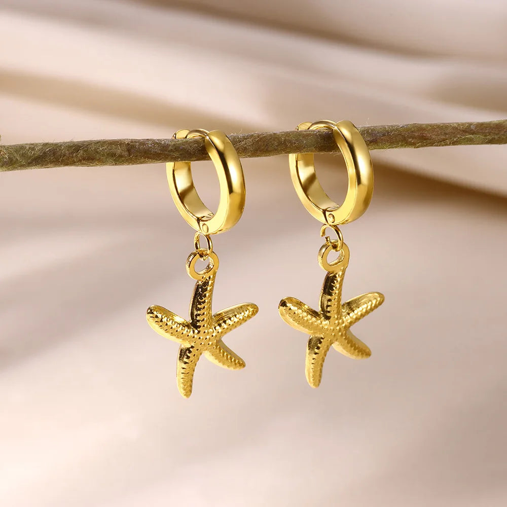 Pendientes de aro de estrella de mar de agua dulce con concha para mujer, elegantes, de acero inoxidable, color dorado, Aretes, accesorios de joyería de Navidad