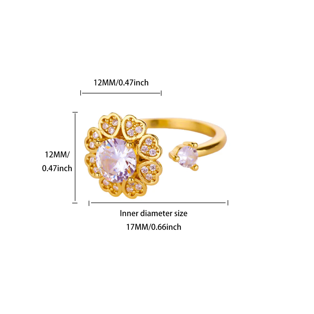 Luxus Zirkon Drehbarer Blumen-Herz-Ring für Frauen Edelstahl Goldfarben Offener Ring 2025 Neue Mode Hochzeits-Paarschmuck