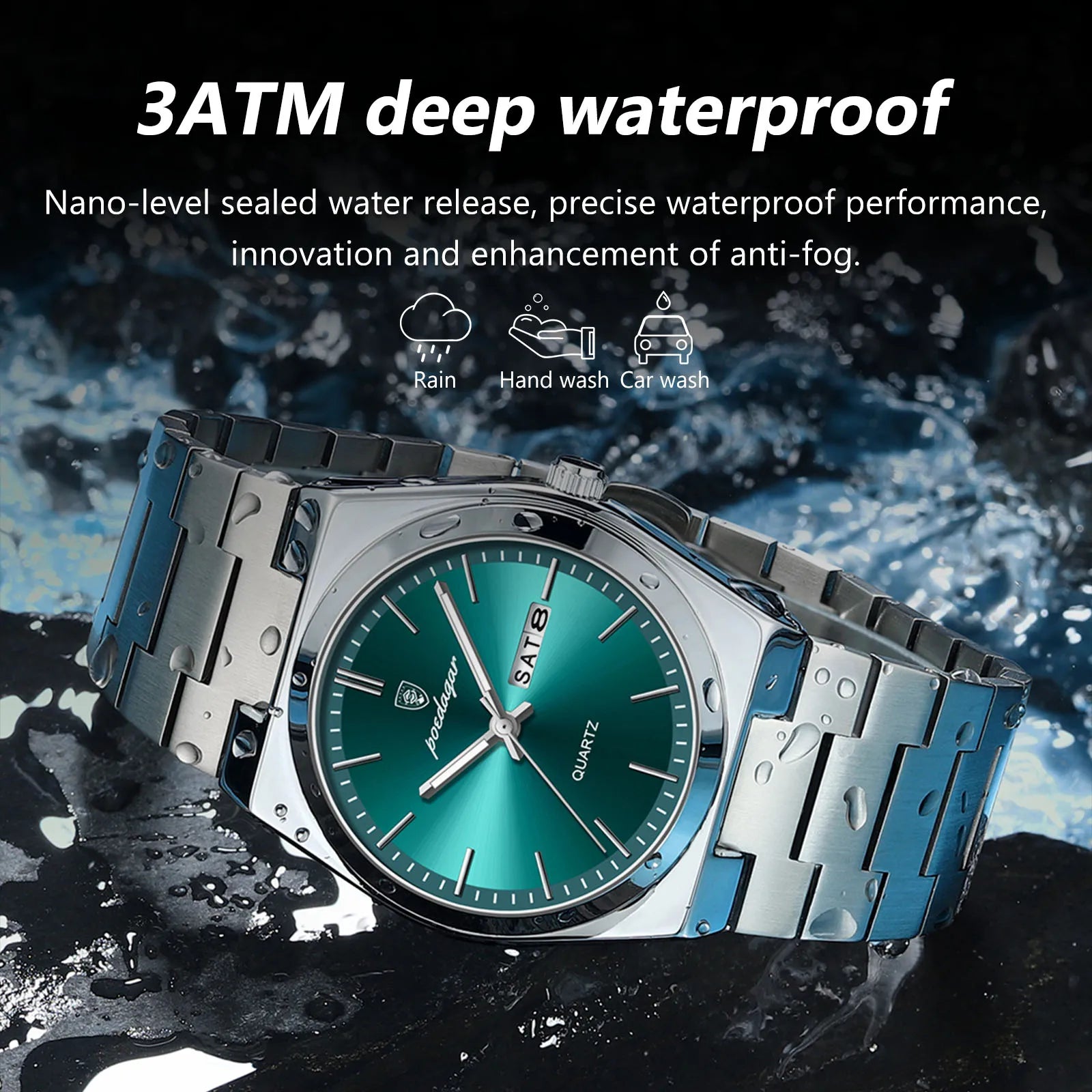 POEDAGAR Relojes de lujo para hombre, impermeables, luminosos, fecha, semana, reloj de hombre, acero inoxidable, informal, moda, reloj de cuarzo para hombre, Reloj