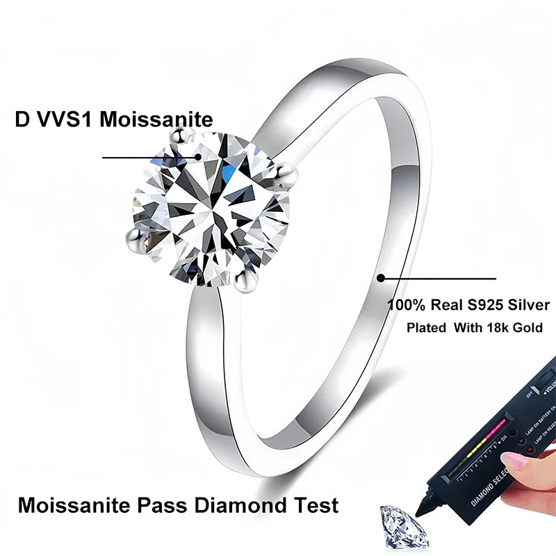 Anillo de compromiso NeeTim de moissanita de 2 quilates para mujer, plata de ley 925 con baño de oro, joyería de banda de boda de promesa con diamante de laboratorio