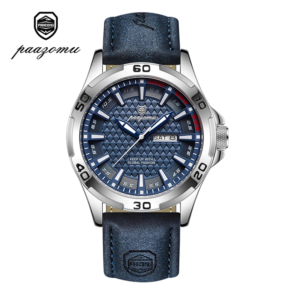 PAAZOMU Reloj de pulsera original para hombre, de lujo, resistente al agua, luminoso, con fecha y semana, de cuarzo deportivo, de cuero, para hombres Reloj