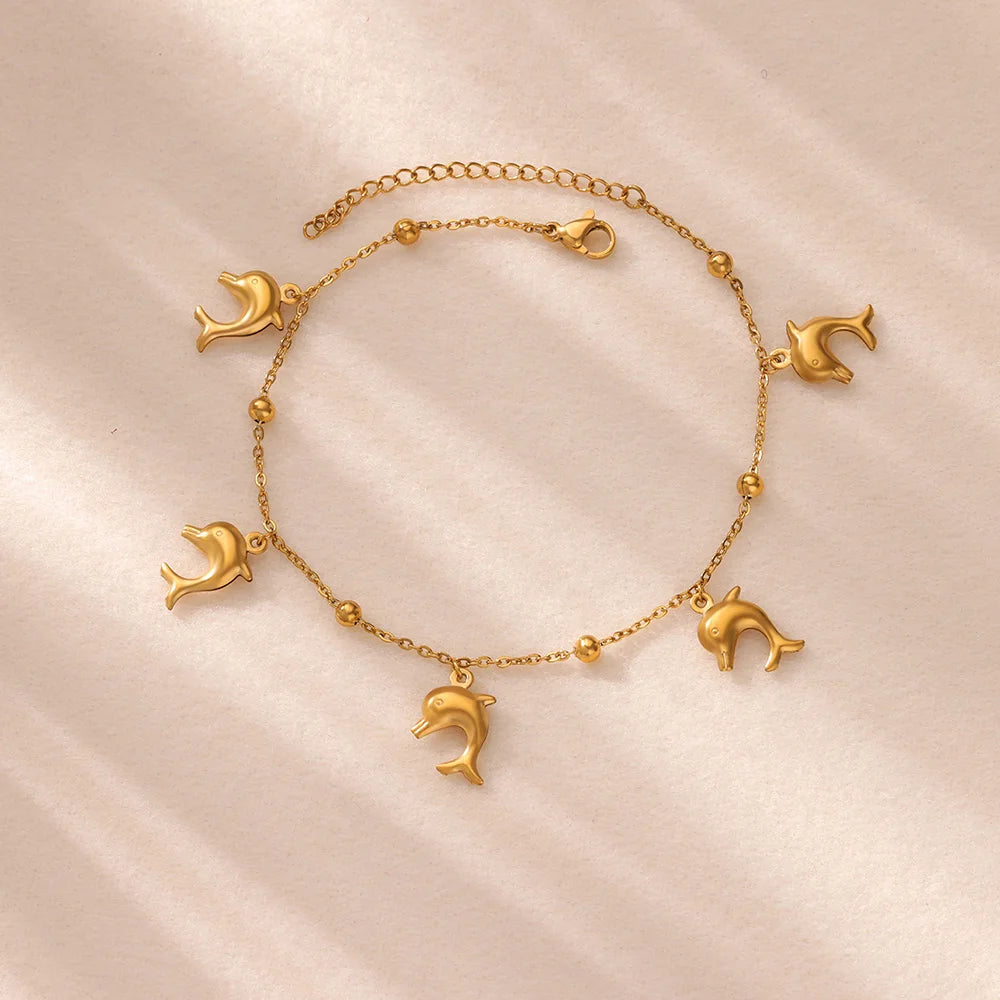Sommer Strand Edelstahl Gold Farbe Kette Fußkette Für Frauen Seestern Muschel Delfin Fisch Charm Knöchel Armband Schmuck Geschenk
