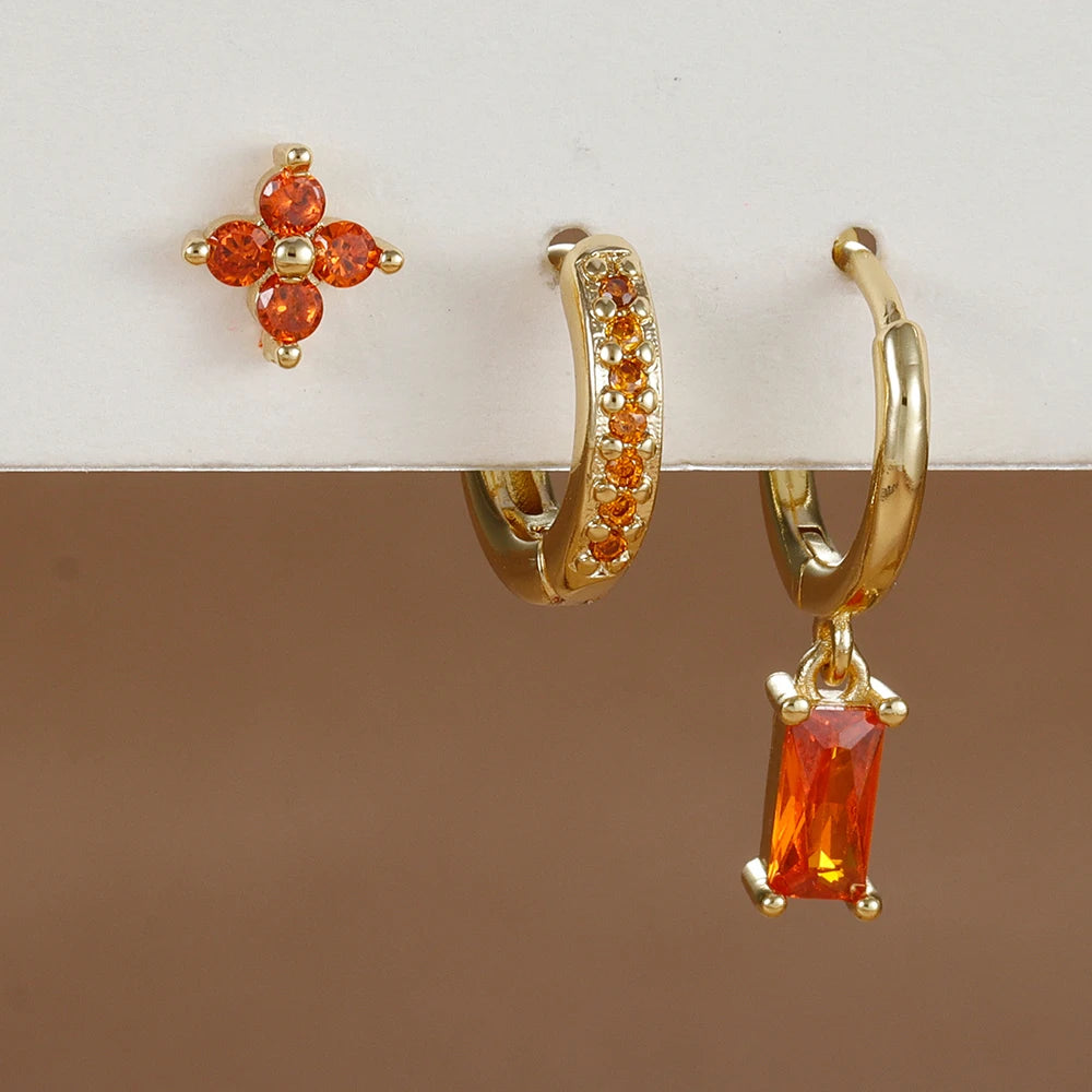 3 Paar modische orange-blaue Zirkon-Hängeohrringe für Damen, Edelstahl-Blumen-Baumelohrringe, Piercing-Schmuckset