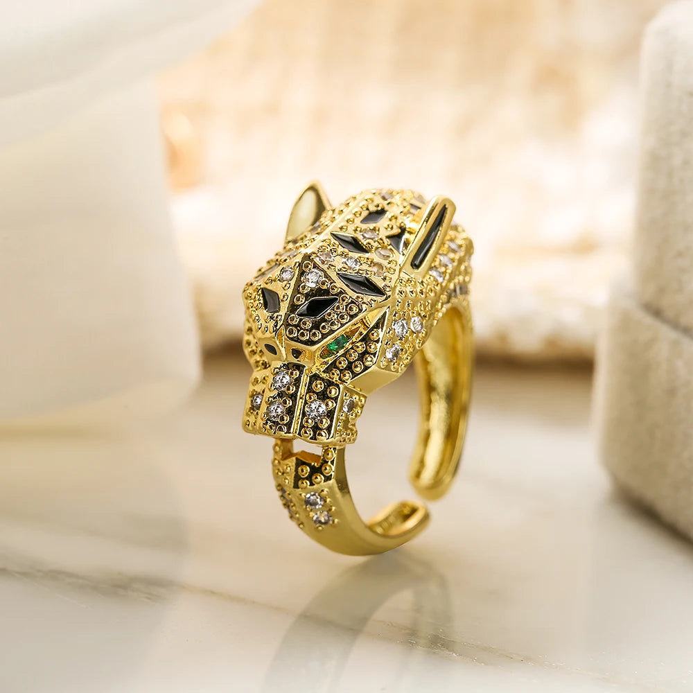 NEWBUY Hochwertiger Modeschmuck Großer Tierring für Frauen Mädchen Party Schmuck Goldfarbe Zirkon Leopard Offener Ring Großhandel