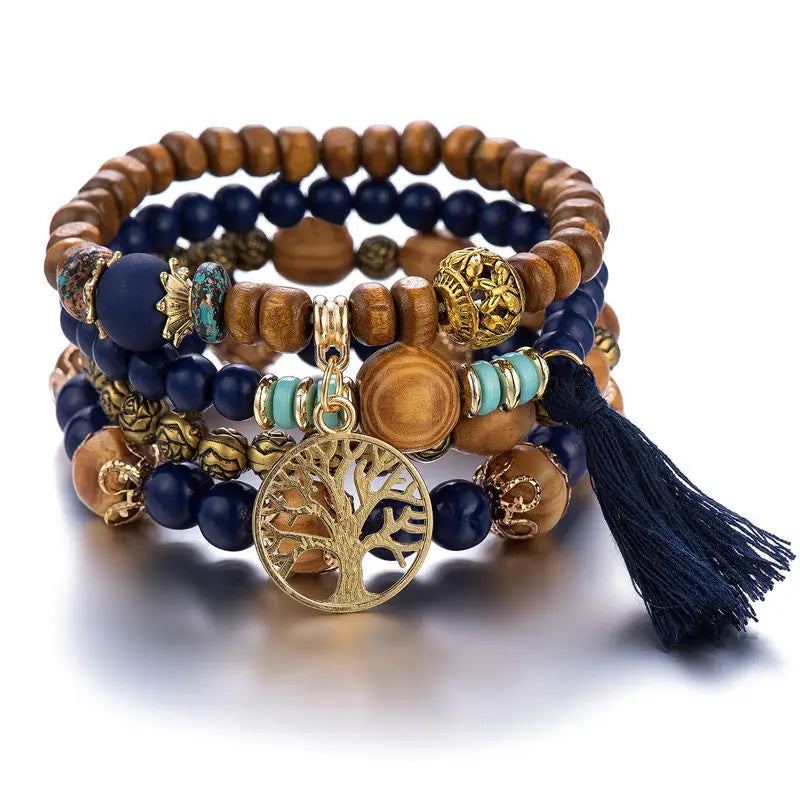 4 Stück Bohemia Lebensbaum Charm Perlenarmband Set für Damen Handgemachte Holzperlen Kette Armreif Weiblicher Boho Schmuck