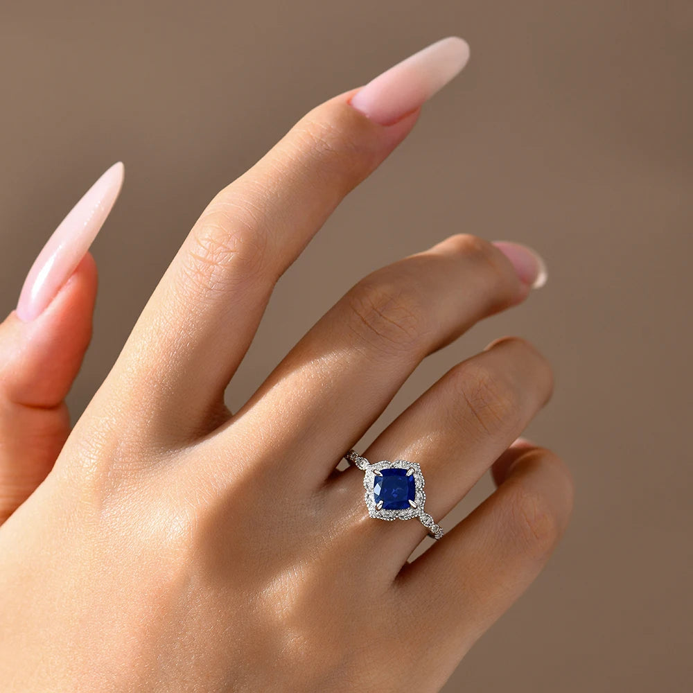 MINTYBOX S925 Silber 2.0ct Kissen Saphir Verlobungsringe für Damen Laborgestein Halo Ring Hochzeit Edler Schmuck Brautgeschenk